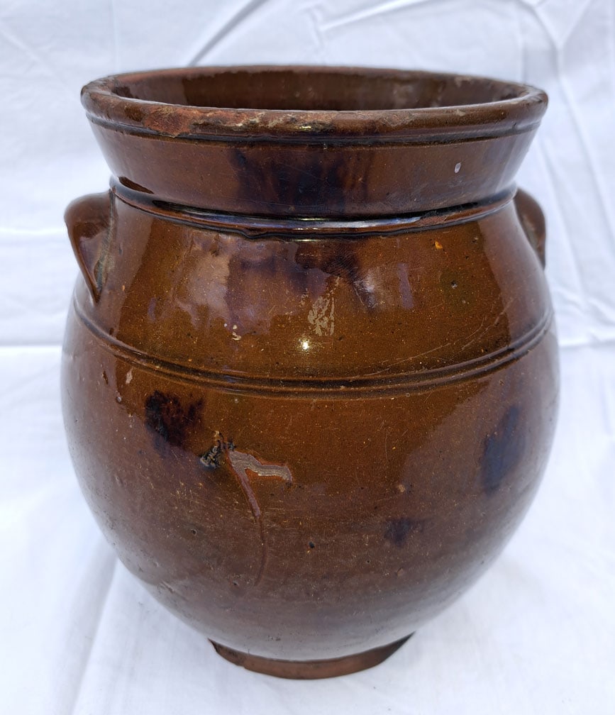 19c Incised Redware stew pot.: 7 3/4" Tall x 7" Wide.
