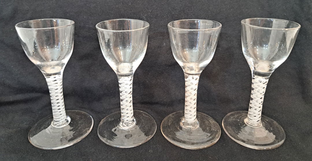 Lot of 4 18c Opaque twist wine glasses.: 4 3/4" Tall. 2 1/2" Diameter foot.