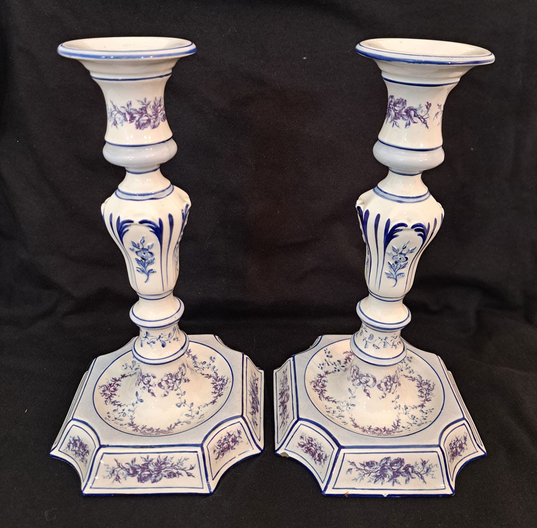 Pair of Faience candlesticks signed "GIEN".: 9 1/2"" Tall. 5" Square base.