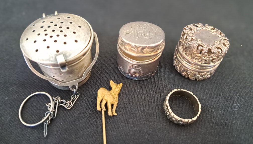 5 Piece Lot With Sterling Sewing Pieces, Sterling Tea Strainer, Sterling Ring, and a Dog Stick Pin. (1 of 3)