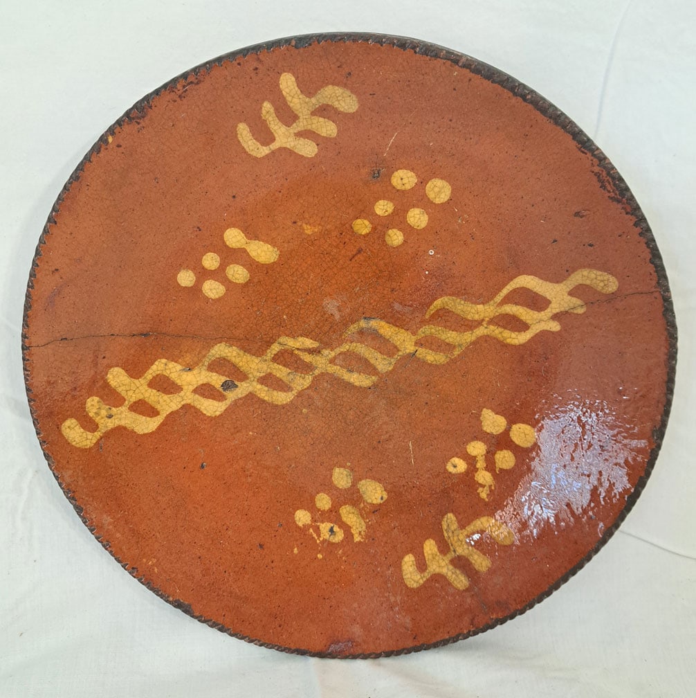 Redware Plate With Slip Decoration.: 10 3/8" Diameter X 1 5/8" Tall