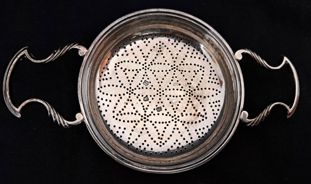 Sterling Silver Double Handled Tea Strainer by Edward Aldridge 1755. London, England. (1 of 4)
