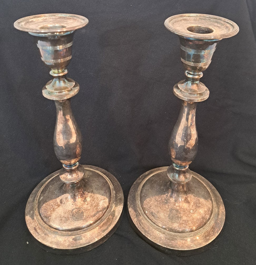 Pair of Coin Silver Candlesticks With Engraved "Arm & Hammer" Emblem (1 of 4)