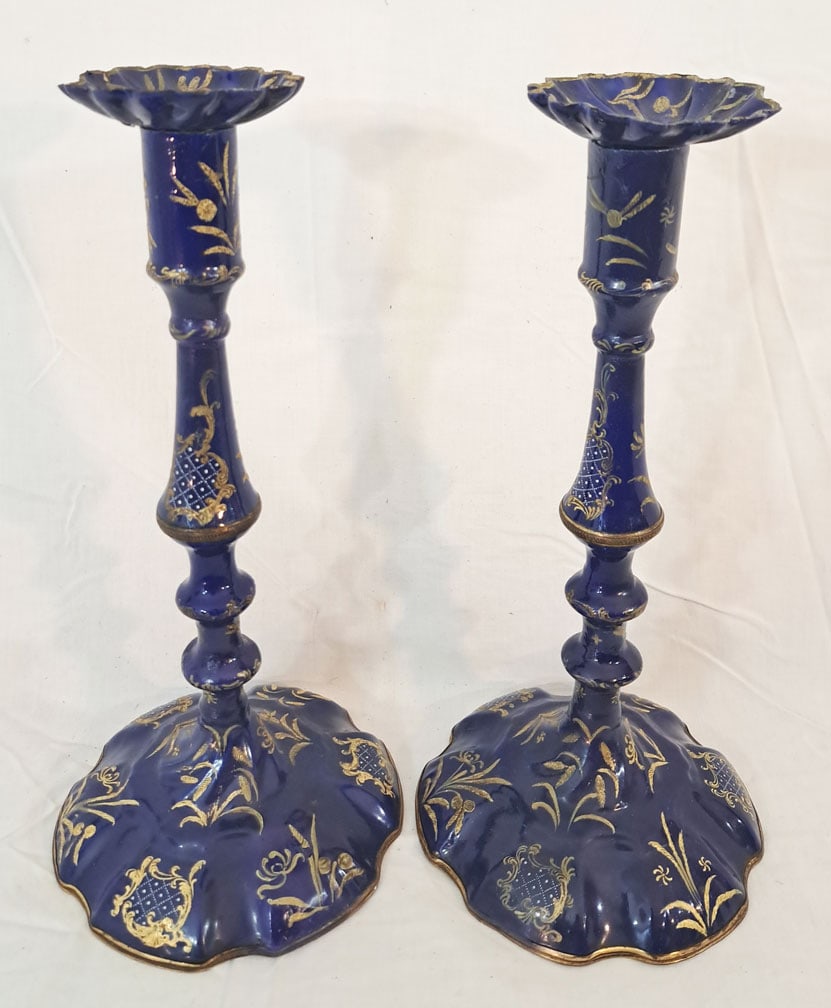 Pair of Early French Enamel Candlesticks: 12" Tall X 5 5/8" at Base.
