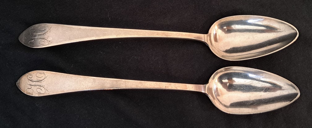 Pair of Coin Silver Serving Spoons by John Daniels 1720. Monogrammed "H." (1 of 4)