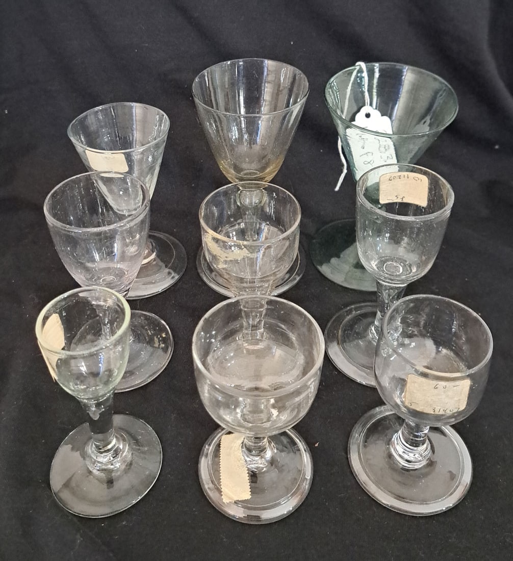 Lot of Nine Early Glass Cordials and Wine Glasses: Tallest is 5 1/8" X 3" Foot