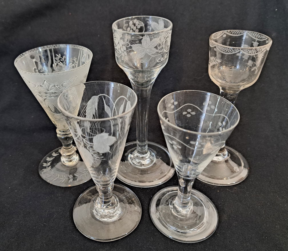 Lot of Five Etched Wine Glasses: Tallest is 6"Tall X 2 3/4" Foot