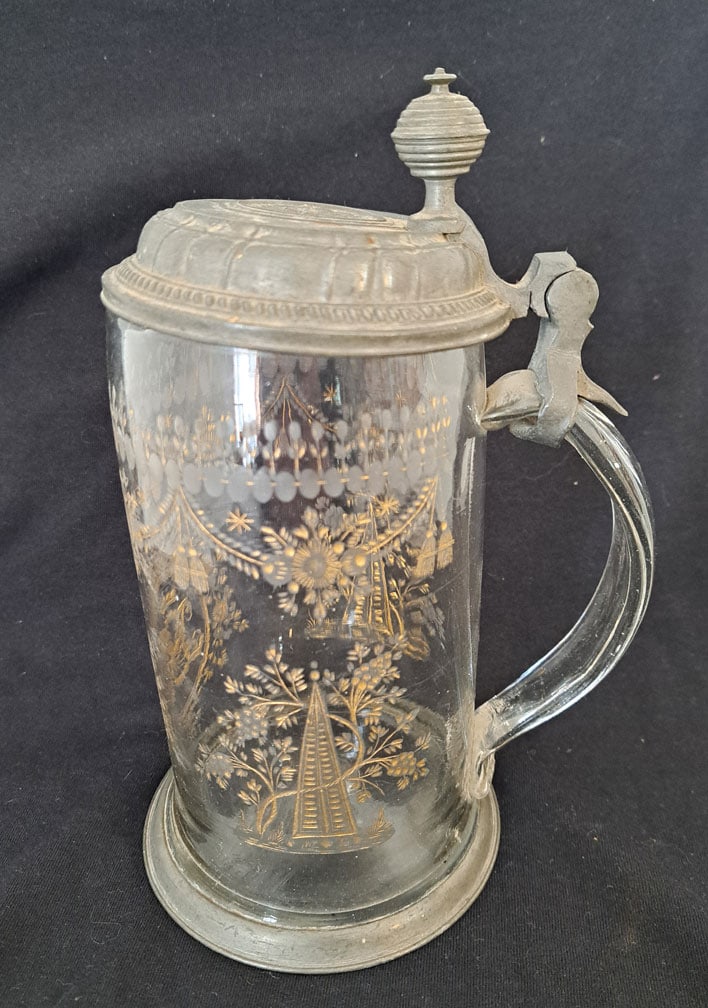 Etched Glass Tankard with Pewter Lid.: 7 3/4" Tall X 4 5/8" Base