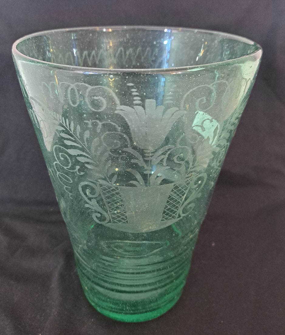 Large Etched Flip Cup: 9" Tall X 6" at Top Rim.