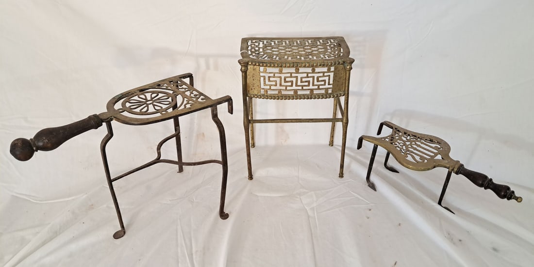 Lot of 3: Two Wooden and Brass Trivets & One Brass Footman. (1 of 5)