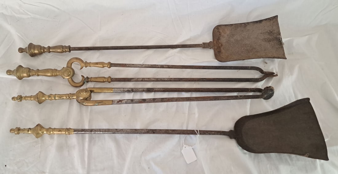 Two Sets of Finial Topped Brass and Wrought Iron Fireplace Tools. (1 of 3)