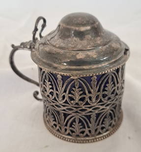 Coin Silver Mustard Pot with Cobalt Insert by Hester Bateman.: 3 1/4" Tall X 2 1/2" Base