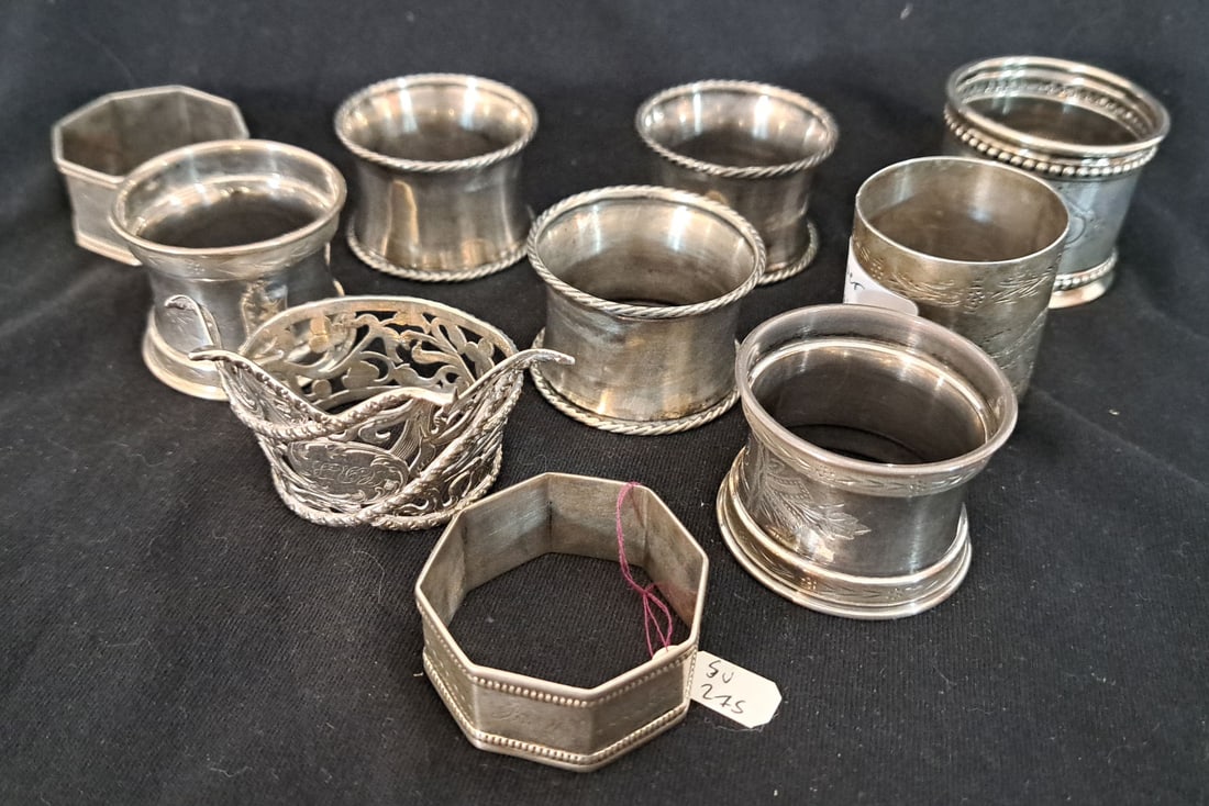 Lot of Ten Coin Silver, Silver, and Silverplate Napkin Rings. (1 of 2)