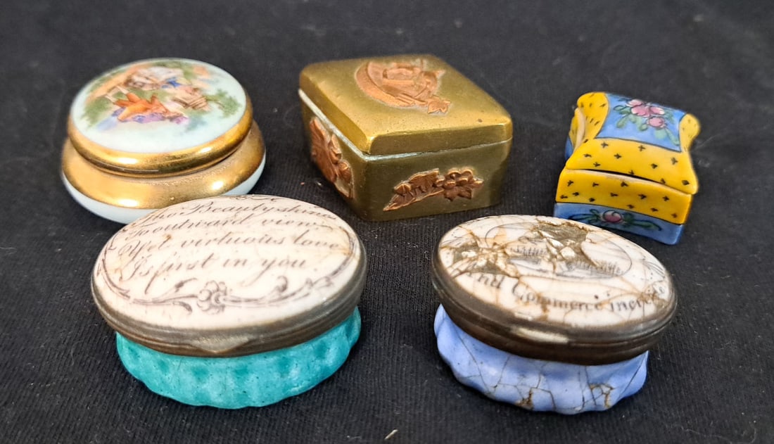 Lot of Five small Boxes. Limoges, Mixed Metal & Battersea. (1 of 3)