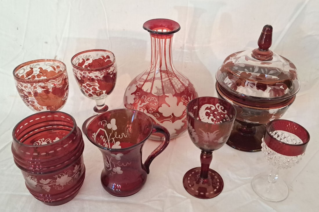 Lot of Ruby Flash Glass Wine Glasses, decanter with no stopper, cups and sugar bowl: Tallest is 8"