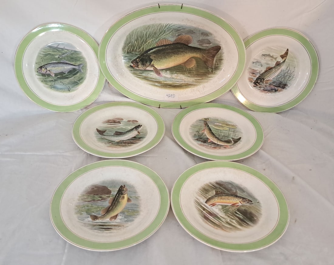 Lot of Six Buffalo Pottery Fish Plates and Fish Platter (1 of 4)