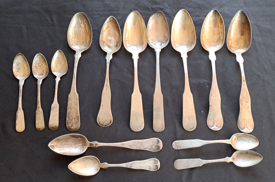 Lot of 14 Coin Silver Teaspoons and serving spoons. (1 of 14)