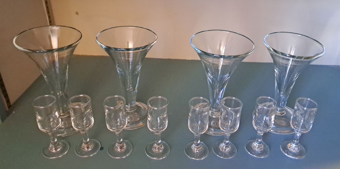 Lot of 12 Early Glassware. 4 Wine Glasses and 8 Cordials.: Wine glasses are 6 7/8" Tall X 3 7/8" foot. Cordials are 4 1/8" Tall X 1 5/8" Foot.