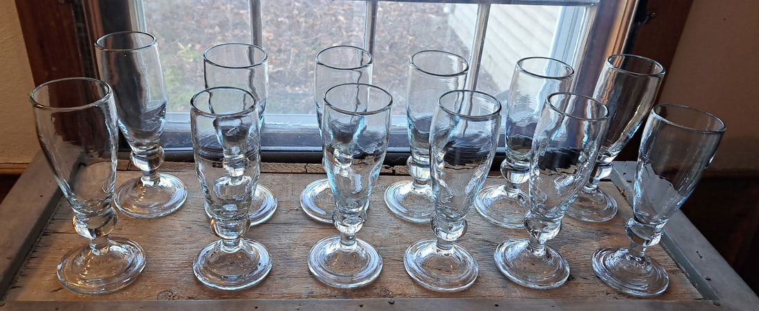 Lot of 12 Early Wine glasses: Wine glasses are 8 1/2" Tall X 3 1/2" foot.