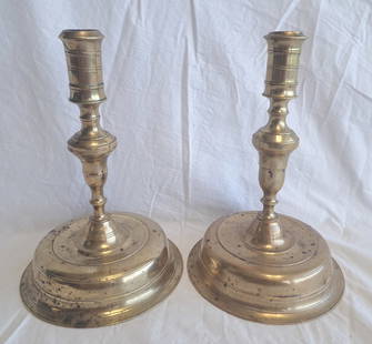Pair of 17th Century Bell Base Brass Candlesticks: Possibly Spanish. 9" X 6 1/2"