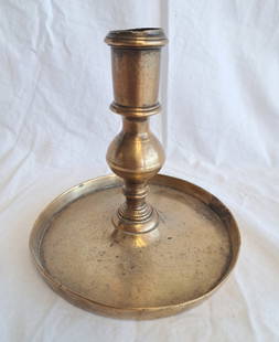 17th Century Brass Candlestick: Possibly Spanish. 4 1/2" tall x 4 3/4 wide at base.