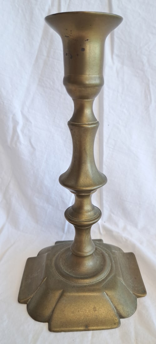 Early Brass Candlestick: Possibly English. 8 1/2" tall x 4 1/2" x 4 1/2" wide at base.