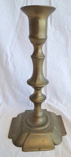 Early Brass Candlestick: Possibly English. 8 1/2" tall x 4 1/2" x 4 1/2" wide at base.