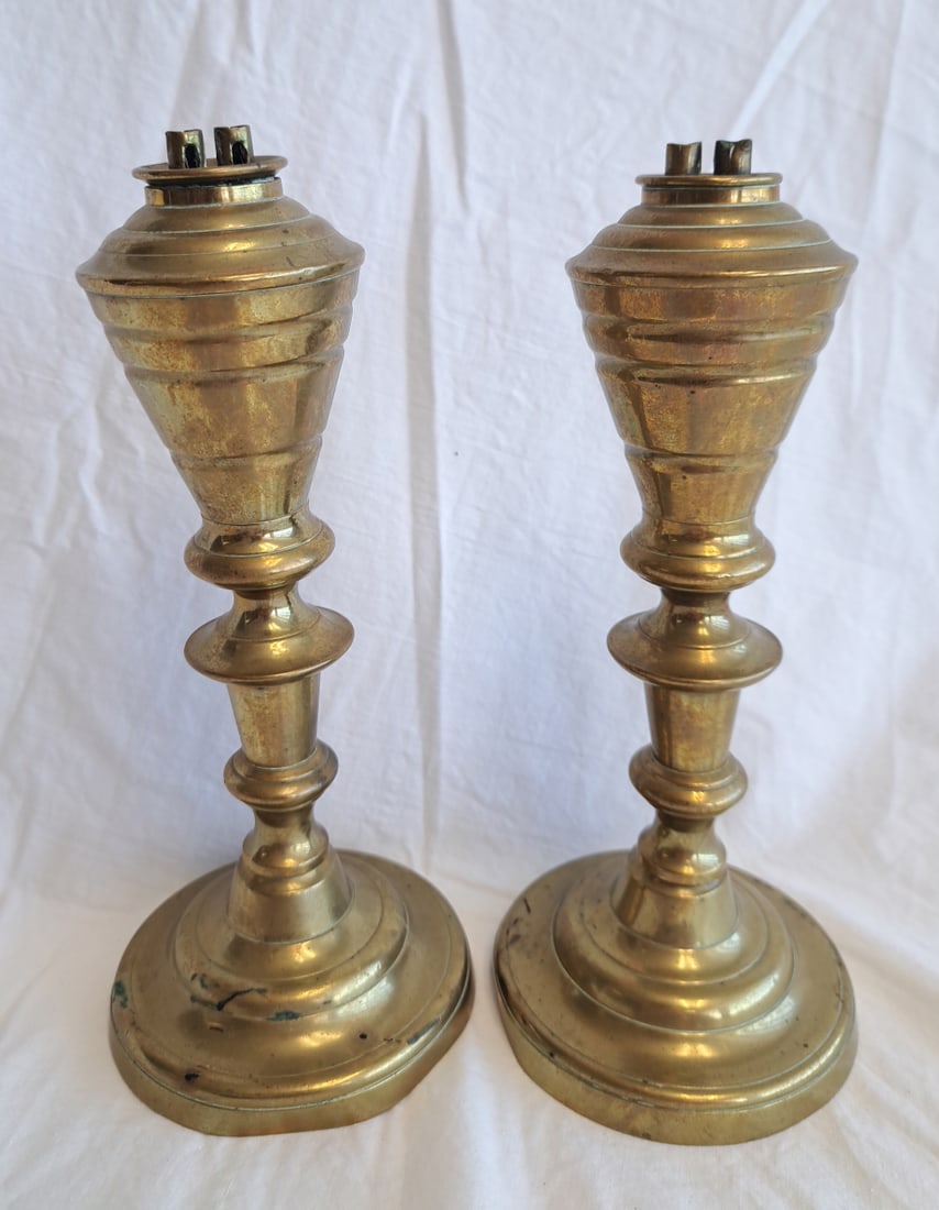 Pair of Early Brass Whale Oil Lamps: 8 1/2" tall x 3 3/4" wide at base.