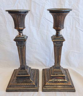 Pair of Sheffield Silver Over Copper Candlesticks: 7 3/4" x 3 1/4" x 3 1/4"
