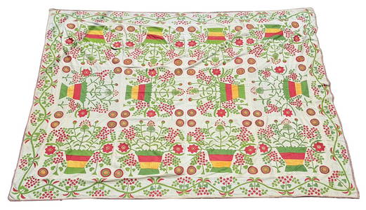 Early Handstitched Multi- Color Appliqued Summer Quilt