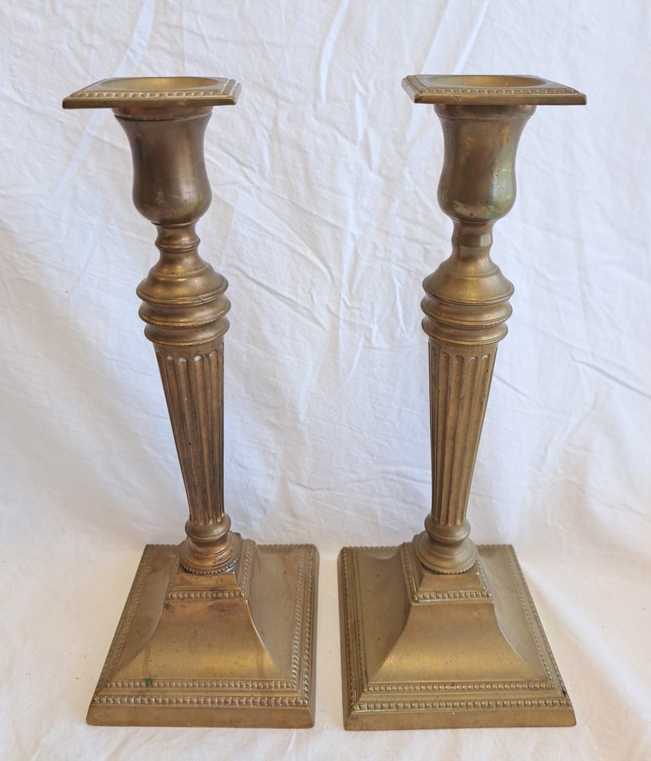 Pair of Brass Candlesticks with Bobeches: 10 1/2" tall x 4" x 4"" at base.