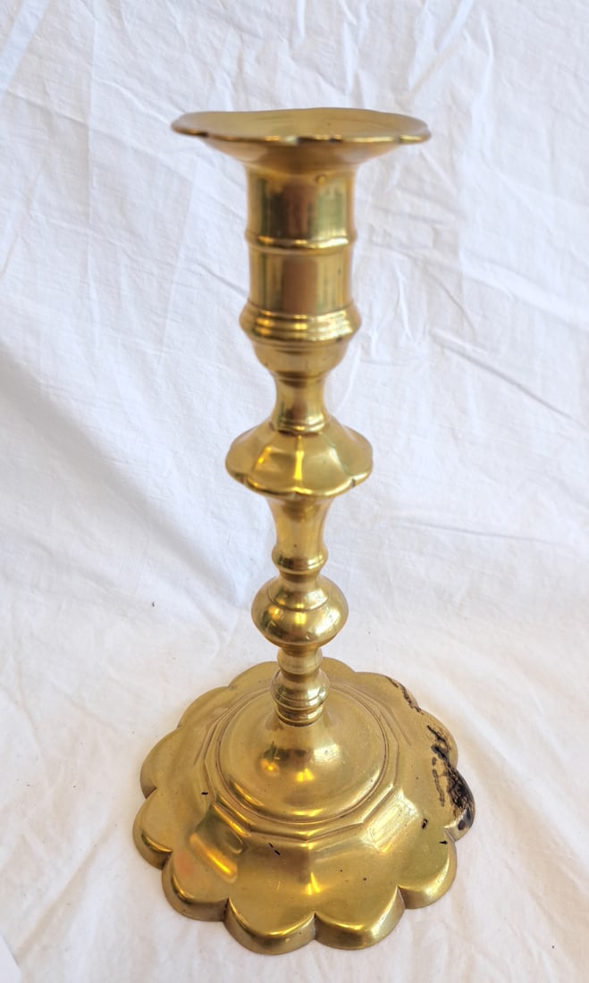 Early Brass Candlestick: 9" tall x 5" wide at base.