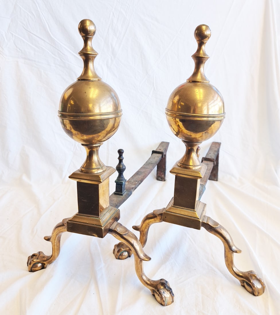 Pair of Early Ball Top Brass & Wrought Iron Andirons. (1 of 7)