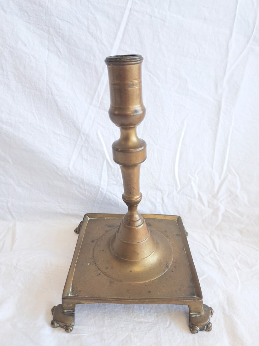 Early Brass Candlestick.: 8 1/2" tall x 6" x 6" at base.