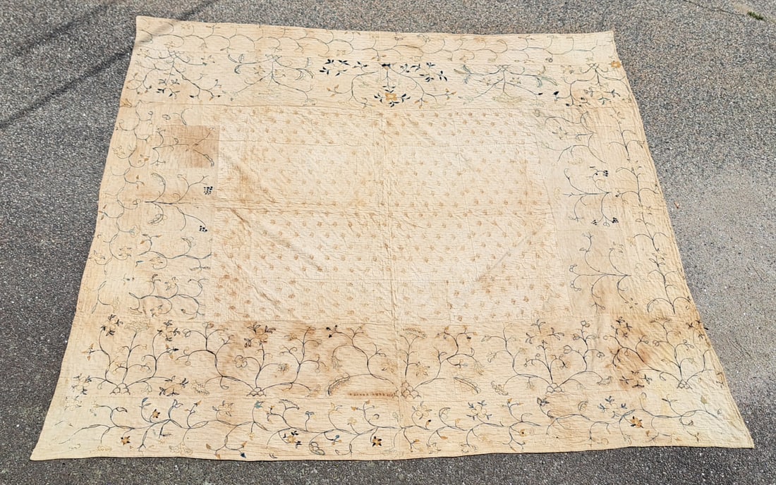 18th Century Signed Linen Coverlet with Crewelwork from Limington, Maine. (1 of 12)