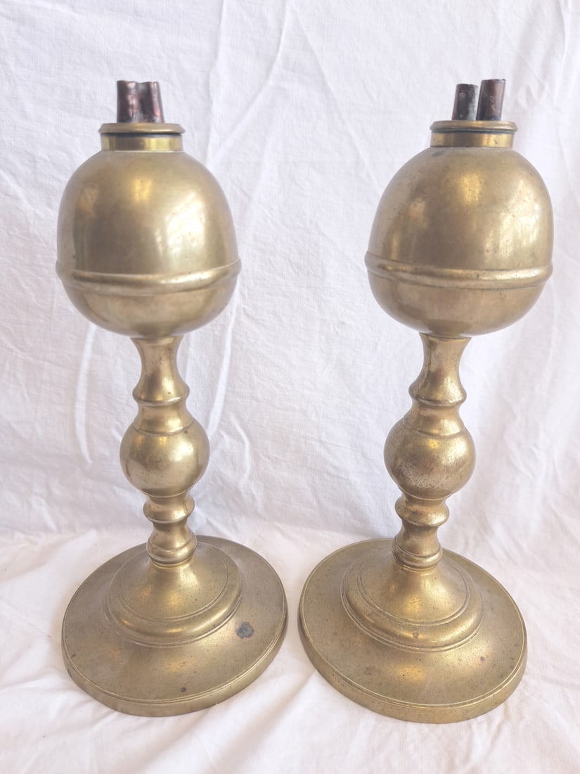Pair of Brass Whale Oil Lamps signed by William Webb, Warren, Maine with Original Burners.: From a Private Maine Collection. c. 1830 "8 3/8" tall x 3 7/8" at base.