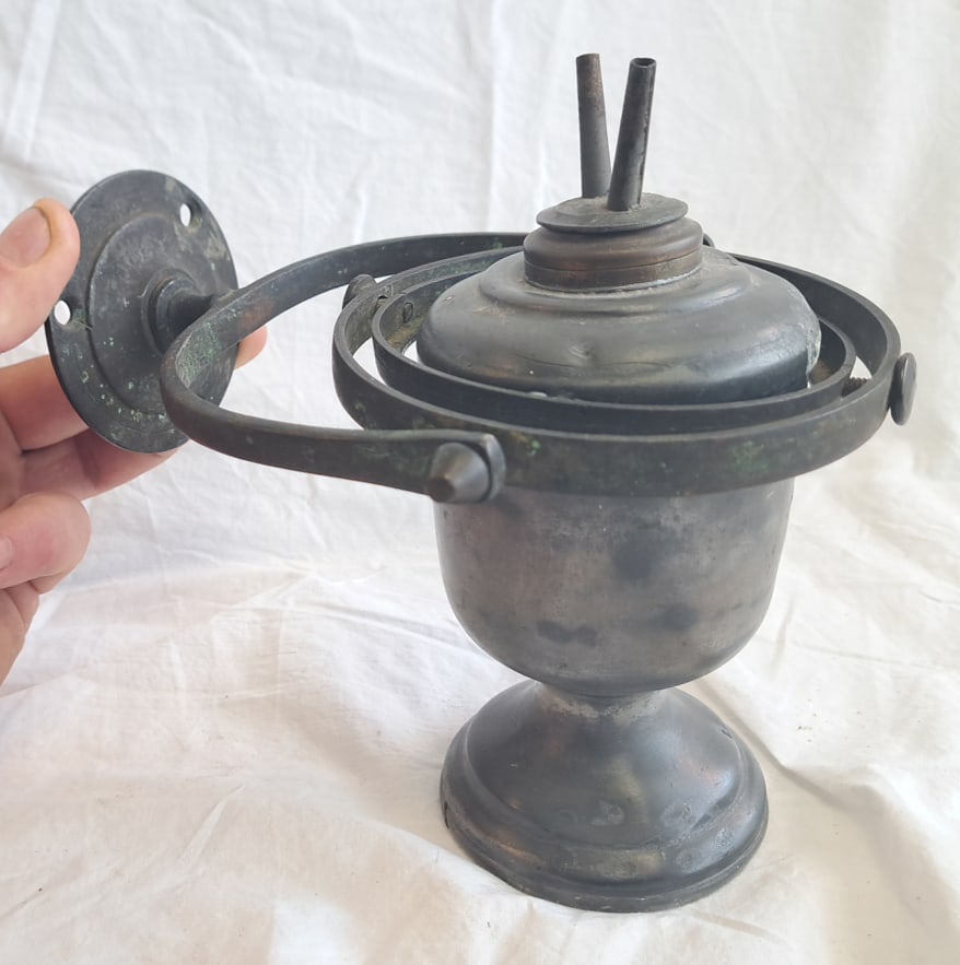 Heavy Ship's Gimble Pewter Whale Oil Lamp signed - Dunham & Sons, Portland, Maine: From a Private Maine Collection. 7 1/2" tall x 11" 7 3/8" deep with Gimble x 3 1/4" at base.