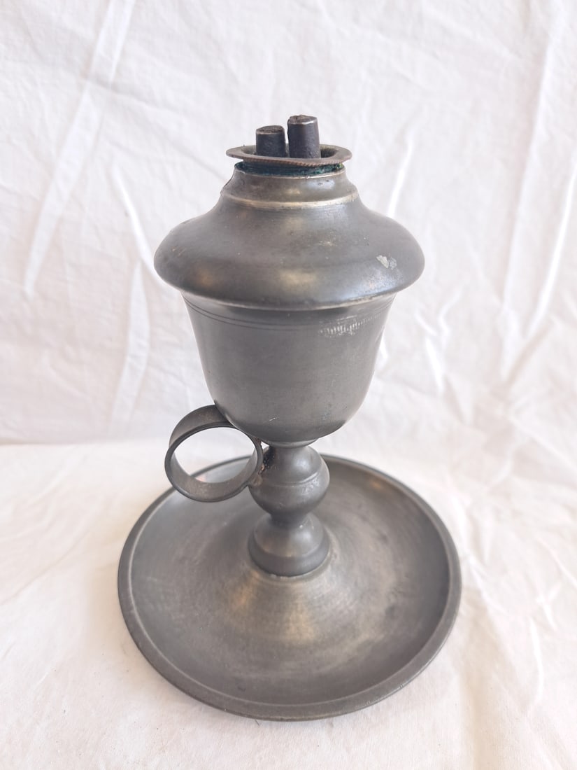 Pewter Whale Oil Chamber Lamp signed Freeman Porter, Westbrook, Maine.: From a Private Maine Collection. 5 3/4" tall x 4 3/4" at base.