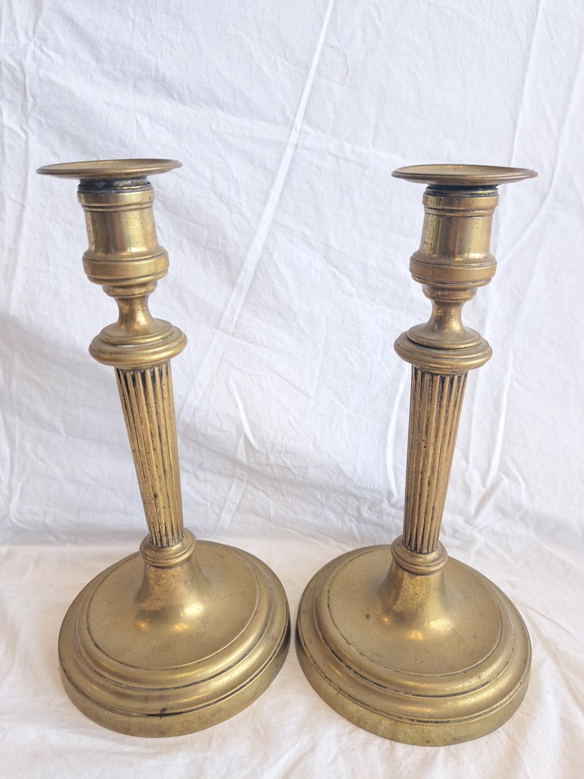 Pair of Brass Candlesticks with Bobeches,: Possibly French. 10" tall x 5" x 5" at base.