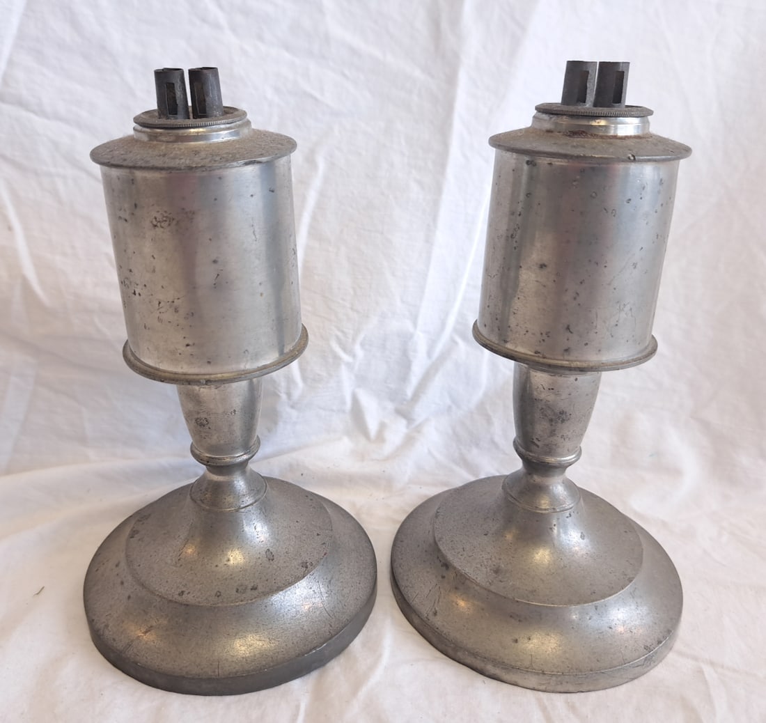 Pair of Pewter Whale Oil Lamps signed Rufus Dunham, Portland, Maine.: From a Private Maine Collection. 6 3/8" tall x 3 5/8" wide at base.