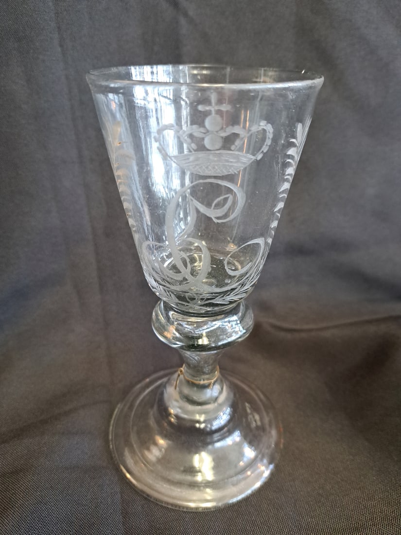 Early Etched Glass Wine Glass.: 7" tall x 3 5/8" wide at base.