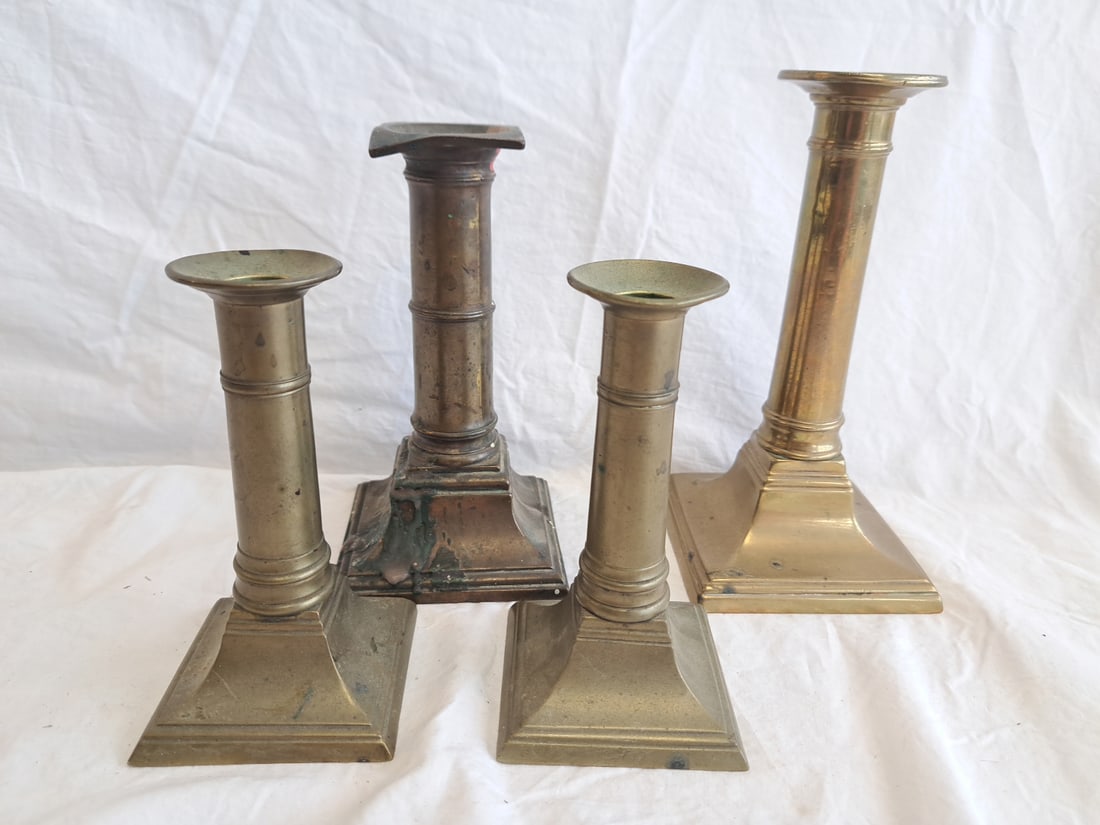 Lot of 4 Early Brass Candlesticks- One Pair & Two Singles (1 of 15)