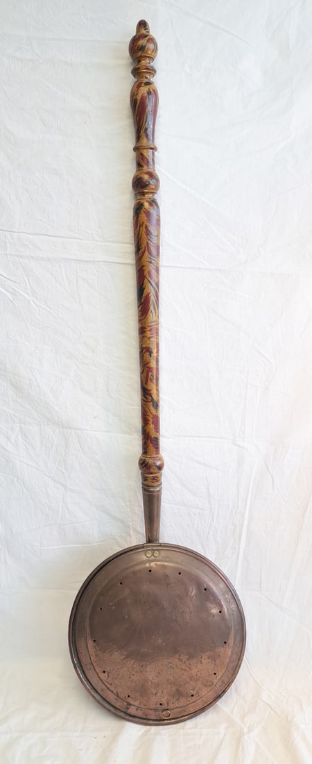 Early Engraved Copper Bed Warmer with Paint Decorated Handle. (1 of 8)