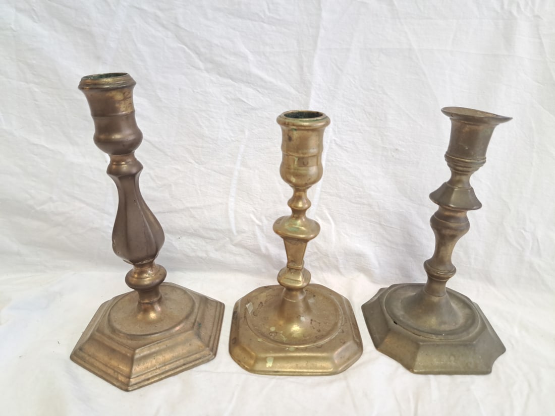 Lot of 3 Early Brass Candlesticks (1 of 10)