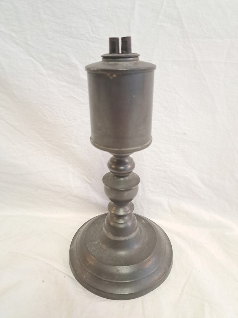 Early Pewter Whale Oil Lamp signed Rufus Dunham, Portland, Maine.: From A Private Maine Collection. 7 7/8" tall x 4 1/8 at base.