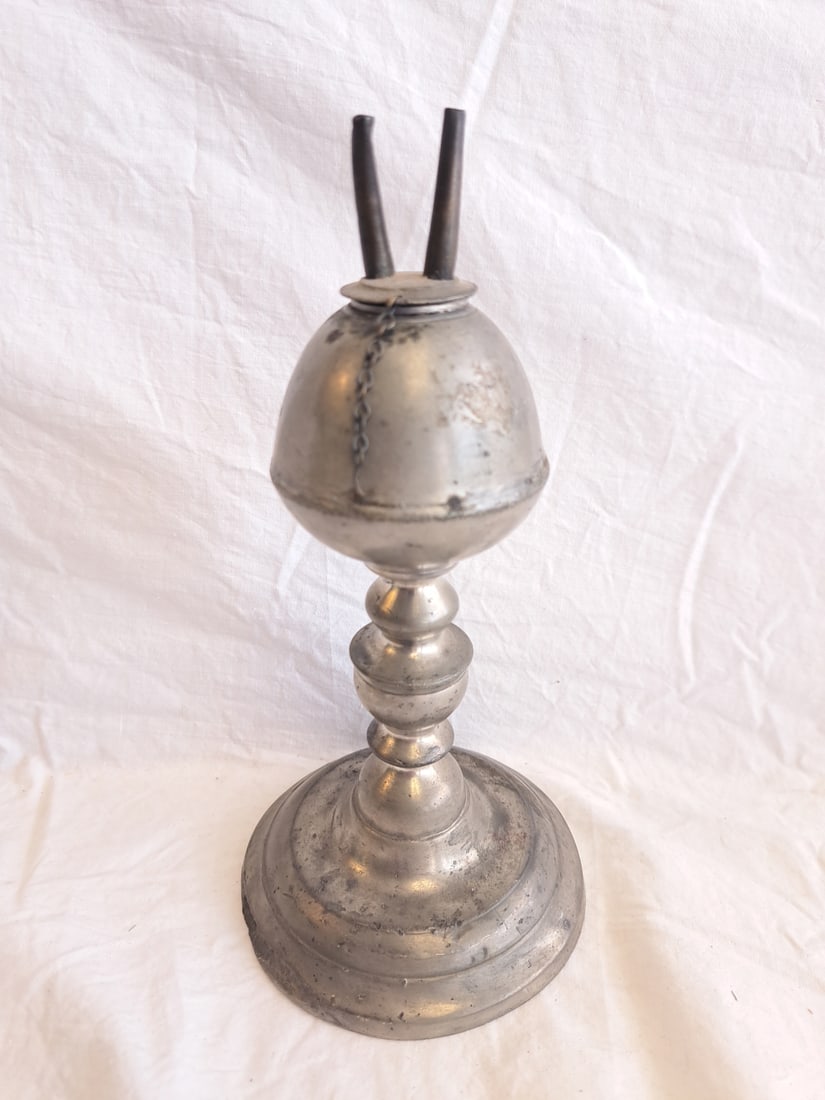 Early Pewter Whale Oil Lamp Signed Rufus Dunham, Portland, Maine.: From A Private Maine Collection. 8 3/8" tall x 4 1/2" at base.