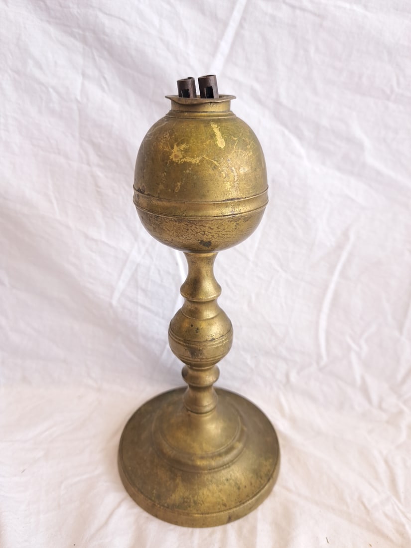 Early Brass Whale Oil Lamp Signed William Webb, Warren, Maine.: 8 1/4" tall x 3 1/8" at base.