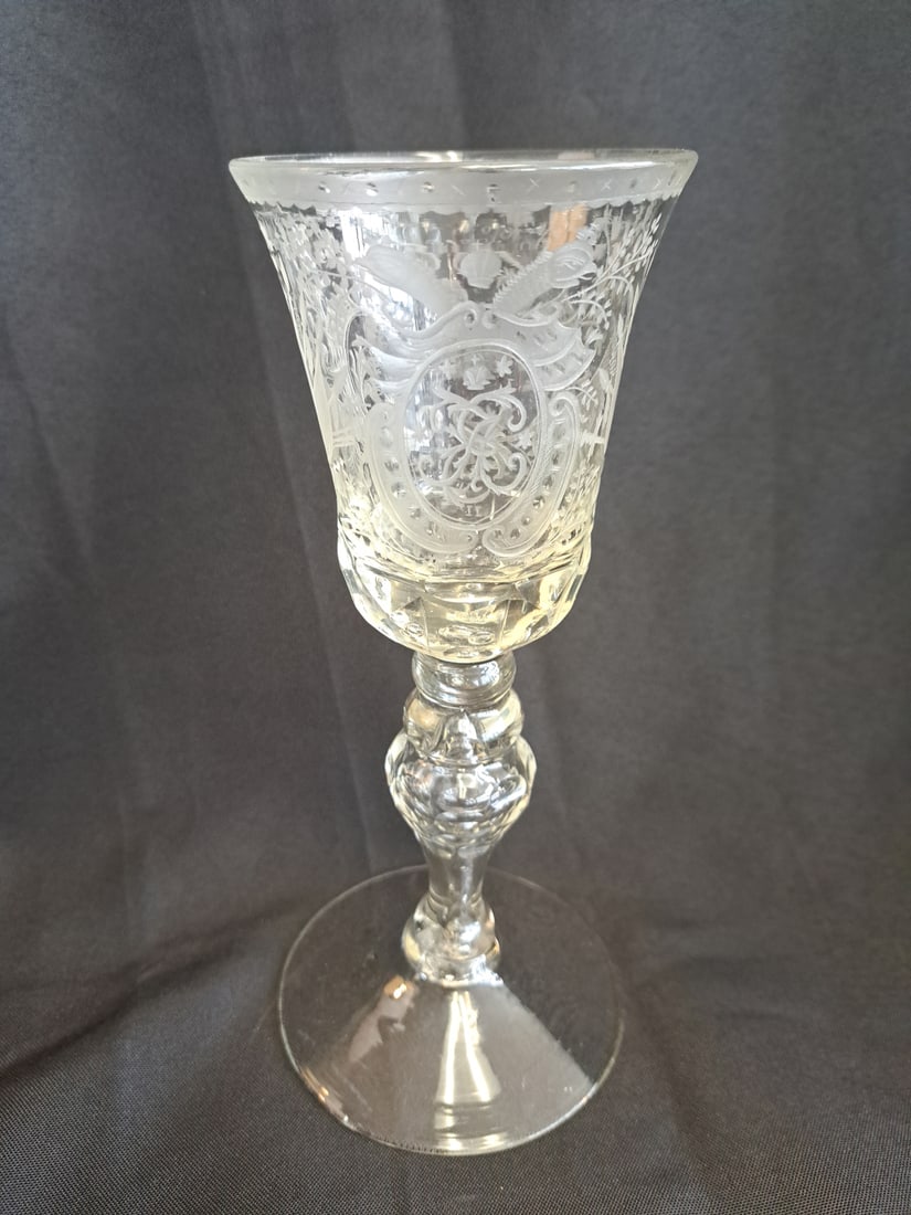 Early Etched Wine Glass with Ships.: 9" tall x 4 1/2" x 4 1/4" at base.