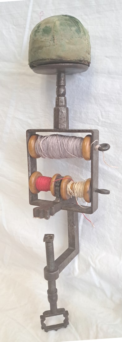 Early Wrought Iron Table Mount Sewing Pin Cushion and Thread Keep. (1 of 8)