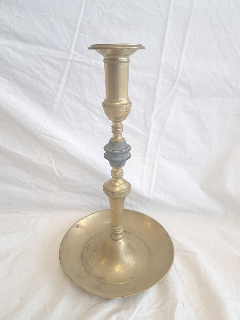Early Brass Candlestick with Pewter Collar. (1 of 6)